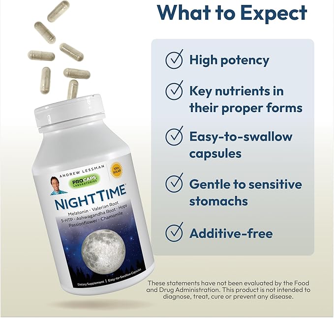 ANDREW LESSMAN Night Time 360 Capsules - 3mg Melatonin, Valerian, Ashwagandha, Passionflower, Hops, Chamomile. No Morning Hangover. Natural Support, Gentle Restful Sleep. Easy to Swallow Capsules