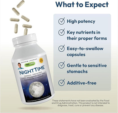 ANDREW LESSMAN Night Time 360 Capsules - 3mg Melatonin, Valerian, Ashwagandha, Passionflower, Hops, Chamomile. No Morning Hangover. Natural Support, Gentle Restful Sleep. Easy to Swallow Capsules