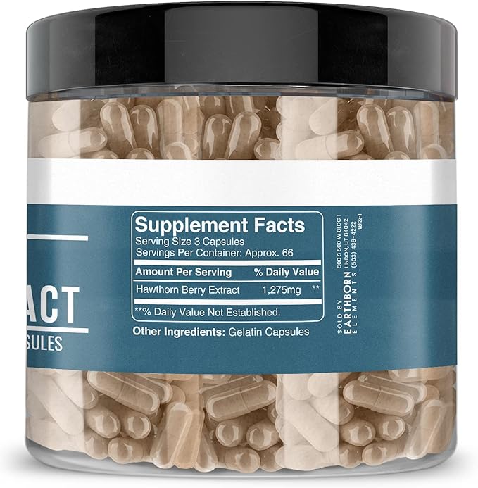 Earthborn Elements Hawthorn Berry Extract 200 Capsules, Pure & Undiluted, No Additives