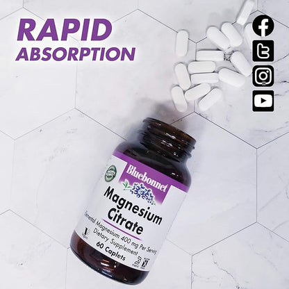 Bluebonnet Nutrition Magnesium Citrate (400mg of Magnesium)- Maximum Absorption - Supports Immune Health & Energy Production - Soyfree, Gluten-Free, Non-GMO, Kosher, Dairy Free, Vegan, 60 Caplets