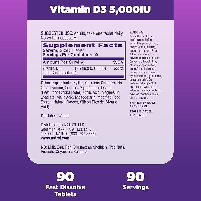 Natrol Vitamin D3 Fast Dissolve Tablets, Dietary Supplement, Bone & Joint Health, Support Your Immune Health, 5000 IU, 90 Count (Pack of 12)