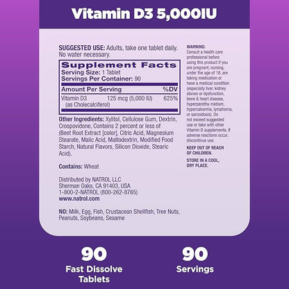 Natrol Fast Dissolve Vitamin D3 5,000 IU, Dietary Supplement for Bone and Joint Health, Bone Support Supplement, 90 Tablets, 90 Day Supply