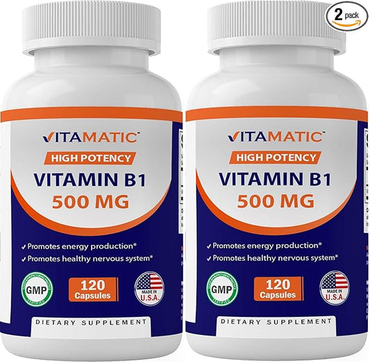 Vitamatic Vitamin B1 (Thiamine) 500mg – 2 Pack (120 Capsules Total)