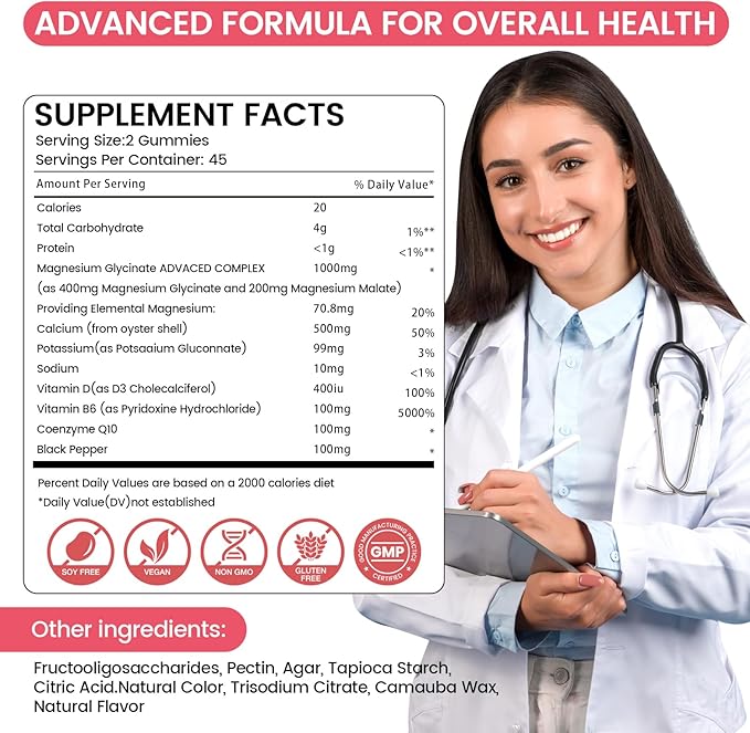 Magnesium Glycinate Gummies 1000mg - 90 Ct | Magnesium Potassium Supplements for Relaxation, Stress Relief, with Vitamin D, B6, CoQ10 for Calm Mood & Sleep Support - Raspberry Gummies