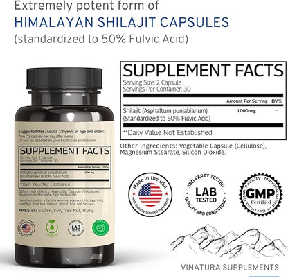 Shilajit for Men and Women - 1000mg Pure Himalayan Shilajit Capsules, standardized to 50% Fulvic Acid - 60 Capsules
