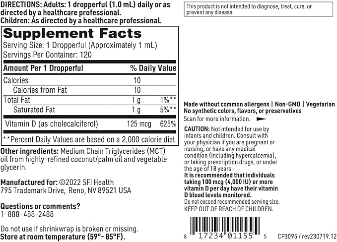 Klaire Labs Vitamin D3 Liquid Drops - High Potency 5000IU VIT D in Easy-to-Absorb MCT Oil - Immune, Bone & Cardiovascular Support - No Soy, No Artificial Colorings or Flavors (120ml / 4 fl oz)