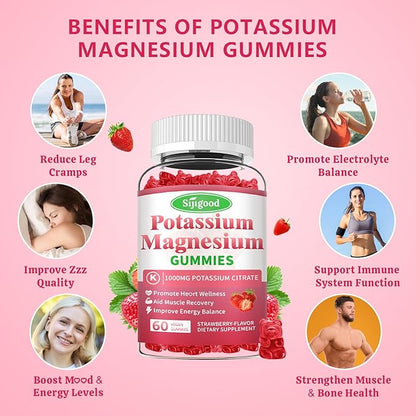 2 Pack Potassium Magnesium Gummies, High Absorption Magnesium Potassium Supplement with Vitamin B6 for Leg Cramps & Muscle Health, Strawberry, 120 Count