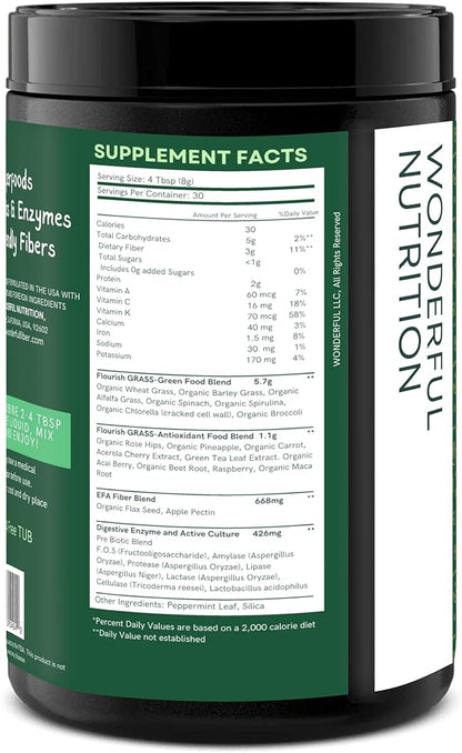 Flourish Super Greens. Greens Powder Mix for Energy,with Chlorella Organic Spirulina, Beet Root Powder, Enzymes & Probiotics, Original, 30 Servings