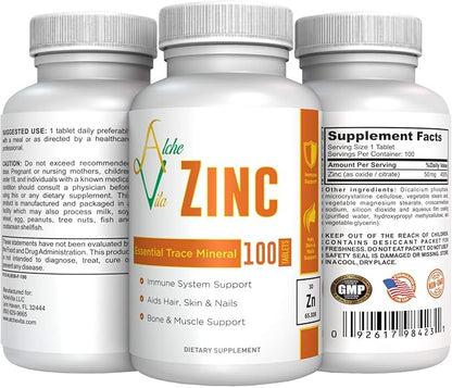 AlcheVita Zinc 50mg – High Bio-Availability – Essential Trace Mineral – Supplement for Immune Support, Bones, Skin & Muscle Support