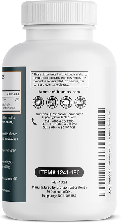Bronson Magnesium Glycinate 200mg High Absorption Chelated Buffered Gentle On The Stomach Non-GMO, 180 Vegetarian Capsules
