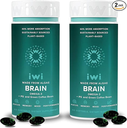 iwi life Brain Omega-3, 120 Softgels (60 Servings), Vegan Plant-Based Algae Omega-3 with EPA + DHA, Focus, Memory and Mood Support Dietary Supplement, Krill & Fish Oil Alternative, No Fishy Aftertaste