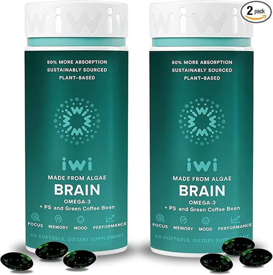 iwi life Brain Omega-3, 120 Softgels (60 Servings), Vegan Plant-Based Algae Omega-3 with EPA + DHA, Focus, Memory and Mood Support Dietary Supplement, Krill & Fish Oil Alternative, No Fishy Aftertaste