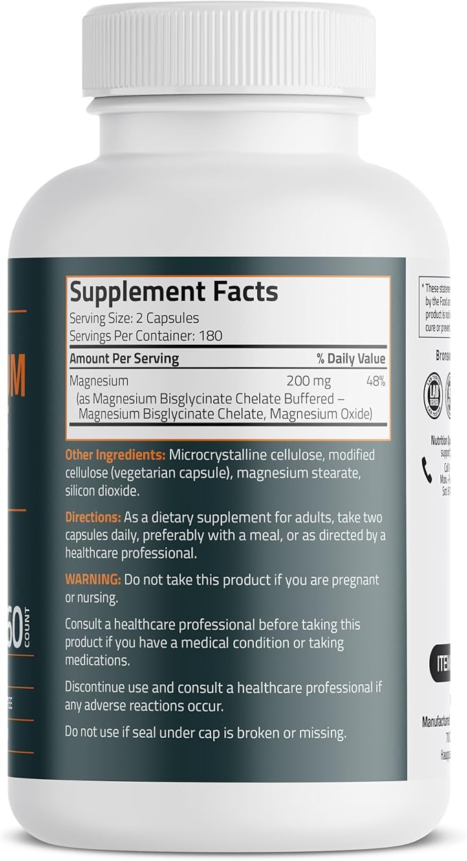 Bronson Magnesium Glycinate 200mg High Absorption Chelated Buffered Gentle On The Stomach Non-GMO, 360 Vegetarian Capsules