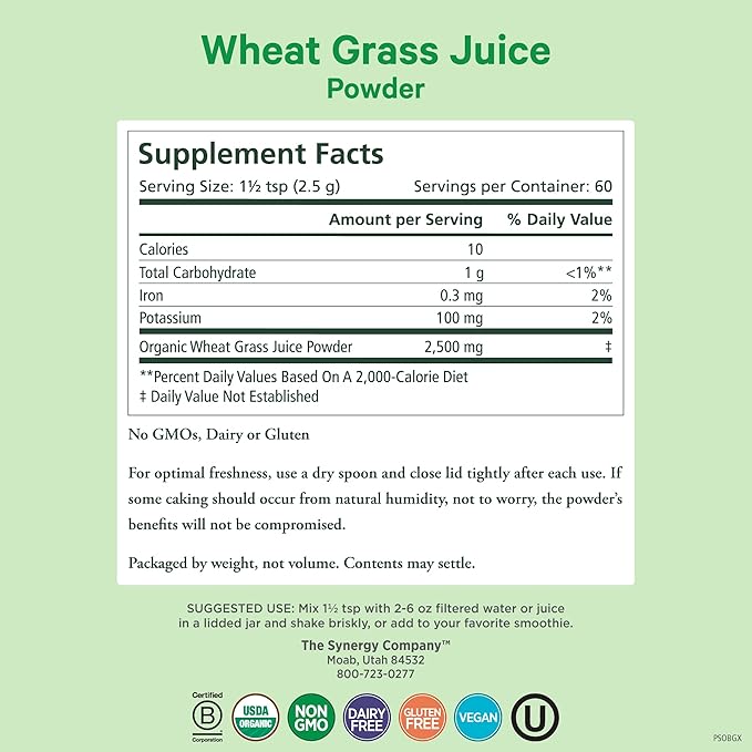 PURE SYNERGY Organic Wheat Grass Juice Powder | Chlorophyll-Rich Green Juice Powder | Raw Organic USA Wheat Grass | for Energy, Alkaline Balance, and Digestion Support (5.3 oz.)
