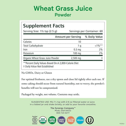 PURE SYNERGY Organic Wheat Grass Juice Powder | Chlorophyll-Rich Green Juice Powder | Raw Organic USA Wheat Grass | for Energy, Alkaline Balance, and Digestion Support (5.3 oz.)
