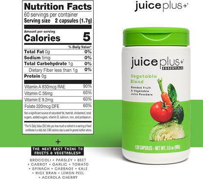 Juice Plus+ Vegetable Blend - Whole Food Vegetable Powder in Convenient Capsules - Includes Nutrients from Spinach, Kale, Broccoli, Carrot, Garlic and More - Vegan, Non-GMO - 120 Capsules