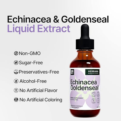 Echinacea and Goldenseal 2 fl oz Liquid Extract - Natural Herbal Supplement - Immune Support Drops - Enhance Sleep | Boost Energy - High Potency - 45-Day Supply