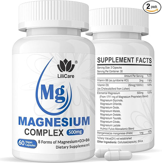 Magnesium Complex Supplement 500mg, 8 Active Forms Maximized Absorption– Glycinate, Citrate, Taurate & D3, B6 for Calm, Sleep & Healthy Muscle, 120 Capsules - 60 Count (Pack of 2)