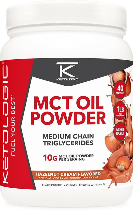 Ketologic MCT Oil Powder (1 LB) (Hazelnut Cream) - 40 Servings, Medium Chain Triglycerides Powder Supplement