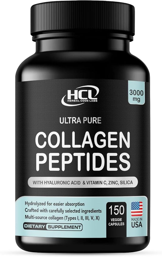 Collagen Peptides Powder with Vitamin C & Hyaluronic Acid - Organic Cleanest Sources & Super High Absorption - Hydrolyzed Multi Type I, II, III, V, X - Skin Hair Supplement (capsules)