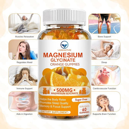 Magnesium Glycinate 500mg Gummies with 100mg Magnesium L-Threonate for Adult Kids,Magnesium Gummies Sugar Free Magnesium Potassium Supplement with Vitamin D,B6,CoQ10 (60 Pack, Orange)
