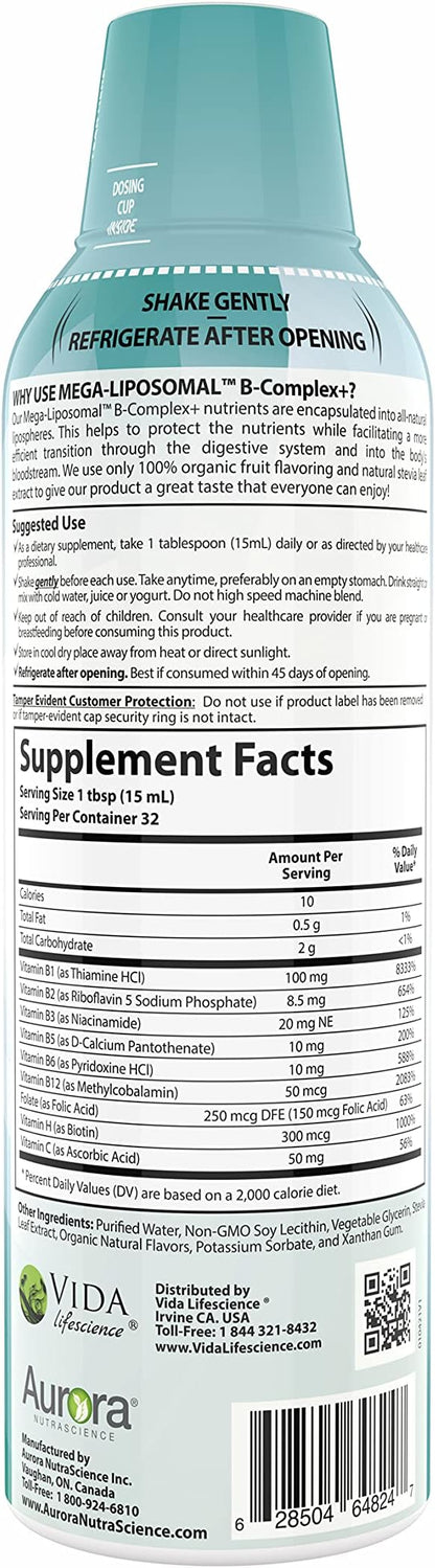 Aurora Nutrascience Mega-Liposomal B-Complex + Vitamin C, Supports Energy, Immune & Nervous System Health, Gluten Free, Non-GMO, Sugar-Free, Organic Fruit Flavor, 32 Servings, 16 Fl oz
