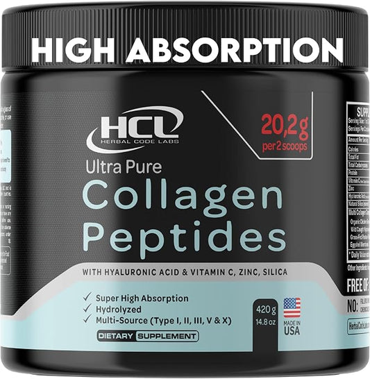 Collagen Peptides Powder with Vitamin C & Hyaluronic Acid - from Organic Cleanest Sources & Super High Absorption - Hydrolyzed Multi Type I, II, III, V, X - Skin Hair Supplement Made in USA
