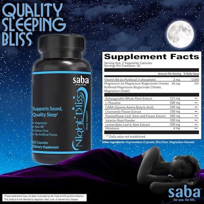 Saba Night Bliss Natural Sleep Aid | Non-Habit Forming | Sleep Supplement for Longer Sleep & Stress Relief w/Magnesium, Melatonin, GABA, Chamomile, & Valerian (60 Vegan Capsules, 30 Day Supply)