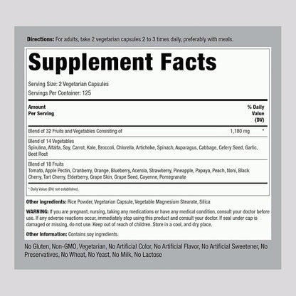 Piping Rock Fruits and Veggies Supplement | 250 Capsules | Superfood Fruit and Vegetables Vitamins | Vegetarian, Non-GMO, Gluten Free