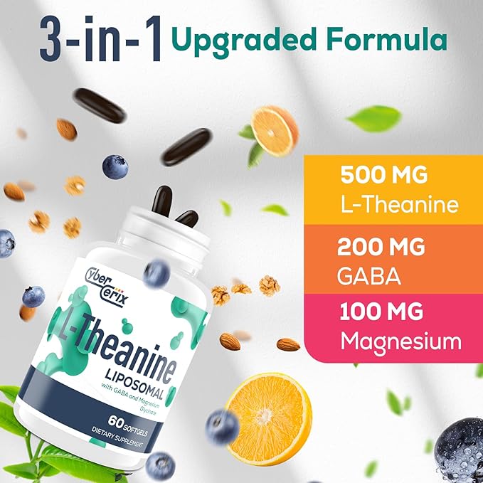Liposomal L-Theanine 500mg, Complex with GABA 200mg & Magnesium 100mg, Extra Strength Supplement for Calm, Relaxation & Focus, Gluten Free - 60 Capsules