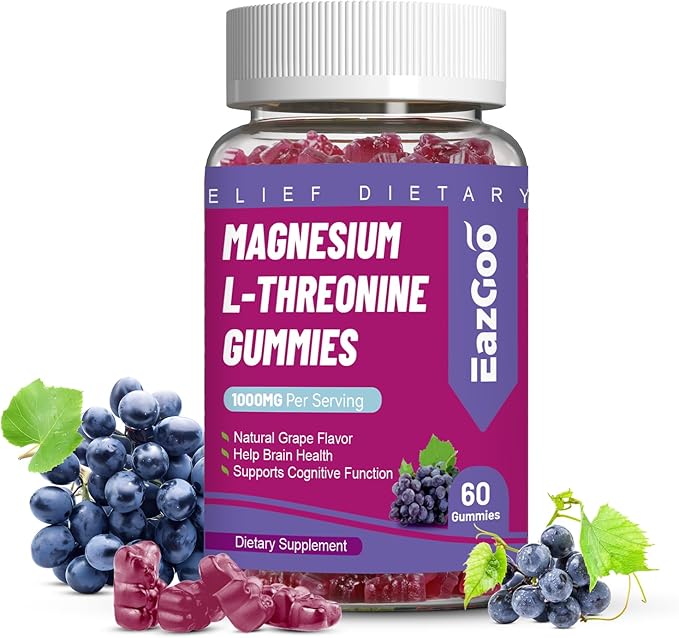 Magnesium Threonine Gummies 1000mg, L-Threonine Gummies for Adults, Best Magnesium Supplements for Brain, Non-GMO, Gluten Free, Vegan, 60 Grape Magnesium Gummies, 30 Day Supply