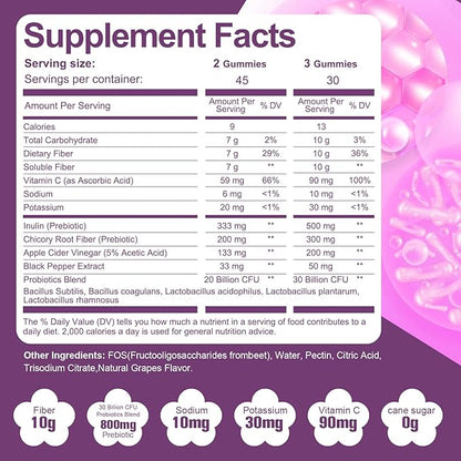 10G Fiber Gummies with 30 Billion CFU Probiotics, Grape Flavor, Bloating Support, Fiber Supplement with Vitamin C, ACV, Inulin, Sugar Free, 180 Count