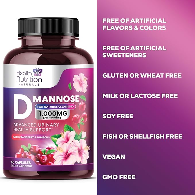 D-Mannose with Cranberry, Hibiscus & Dandelion 1350mg Advanced Formula – Urinary Tract Support Supplement for Women & Men – Flush & Cleanse Impurities – Non-GMO, Vegan for Women & Men – 60 Capsules