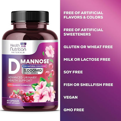 D-Mannose with Cranberry, Hibiscus & Dandelion 1350mg Advanced Formula – Urinary Tract Support Supplement for Women & Men – Flush & Cleanse Impurities – Non-GMO, Vegan for Women & Men – 60 Capsules