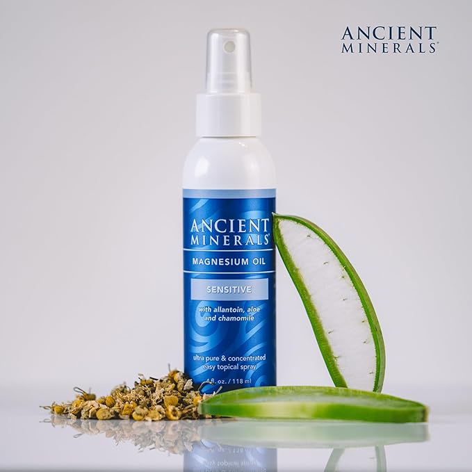 Ancient Minerals Magnesium Oil Spray Sensitive All-New Sensitive Formula with Allantoin, Organic Chamomile, and Organic Aloe Vera (4oz)