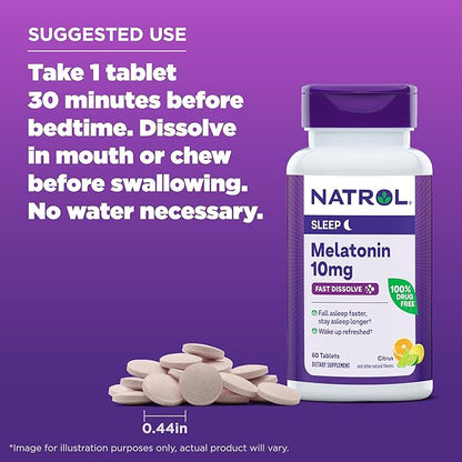 Natrol Fast Dissolve Melatonin 10 mg, Melatonin Supplements for Restful Sleep, Sleep Support for Adults, 60 Citrus-Flavored Tablets, Up to a 60 Day Supply