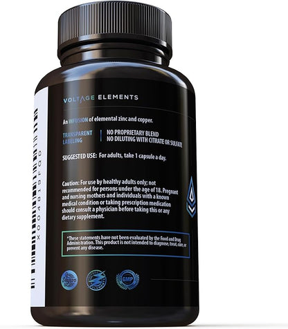 Voltage Elements Zinc Orotate + Bisglycinate Chelate 245mg with Copper: Muscle & Bone Health - Elemental Zinc 50mg (100 Servings) Vegan