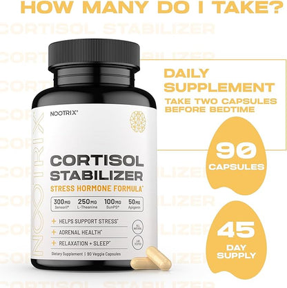 Cortisol Manager & Stabilizer Supplement | Supports Deep Sleep, Relaxation, Adrenal Health & Stress | 300mg Ashwagandha | L-Theanine, Rhodiola Rosea Extract & Apigenin | 90 Capsules