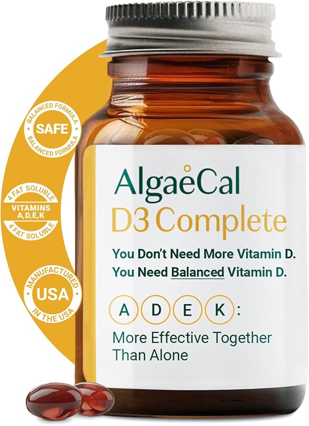 ALGAECAL 4-in-1 Vitamin D3 K2 Complete - ADK Vitamin Supplement, Enhanced Immune Support & Bone Health with D3 K2, A, & E - Whole Body Wellness & Bone Strength, 60 Easy-Swallow Softgels, Made in USA