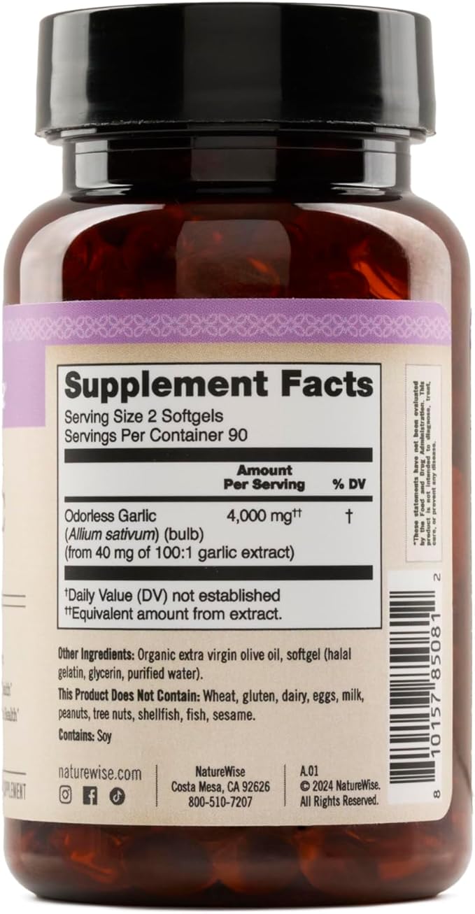 NatureWise Odorless Garlic Supplement 4000mg - Ultra Potent 100:1 Extract - Healthy Cholesterol Formula, Heart Health Support - Non-GMO, Gluten Free, with Halal Gelatin - 180 Count[90-Day Supply]
