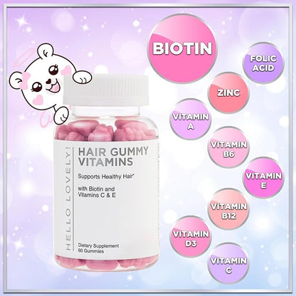 Hair Vitamins Gummies with Biotin 5000 mcg - Vitamin E, C & Zinc Support Hair Growth for Women & Men, Premium Vegetarian & Non-GMO, Stronger, Beautiful Hair, Skin & Nails Supplement - 60 Gummy Bears