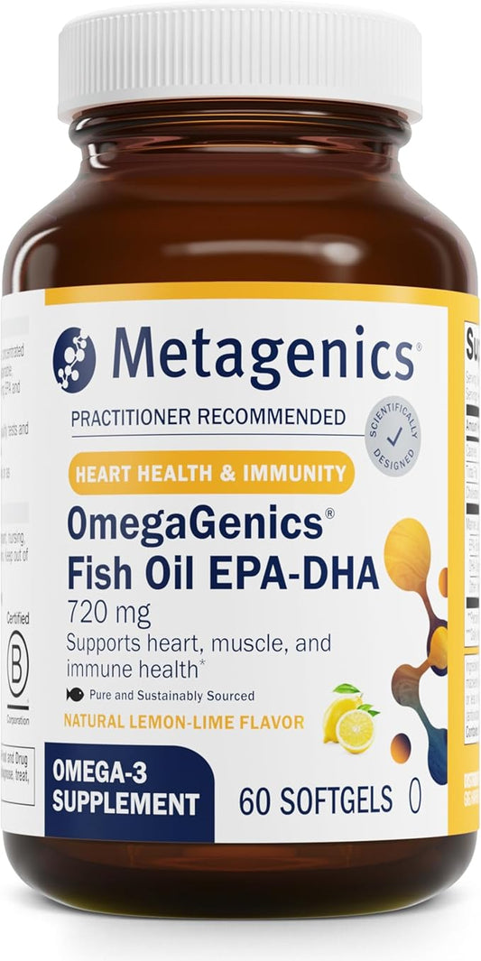 Metagenics OmegaGenics Fish Oil EPA-DHA 720 mg - Omega-3 Fish Oil Supplement - High Potency - for Heart Health, Musculoskeletal Health & Immune System Health* - with DHA & EPA - 60 Softgels