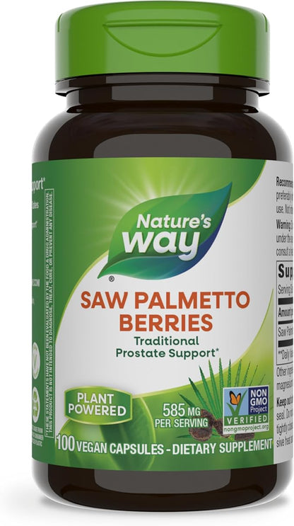 Nature's Way Saw Palmetto Berries, Traditional Prostate Support*, 585 mg per Serving, Non-GMO Project Verified, Vegan, 100 Capsules (Packaging May Vary)