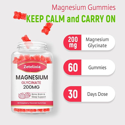 Magnesium Glycinate Gummies, High Absorption Magnesium Glycinate Supplements for Relaxation, Magnesium Chews for Adults and Kids, Raspberry Flavor 60 Count