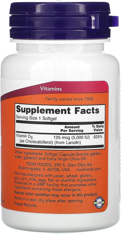 Now Foods Now Supplements, Vitamin D-3 5,000 IU, High Potency, Structural Support*, 120 Softgels (3 Pack)