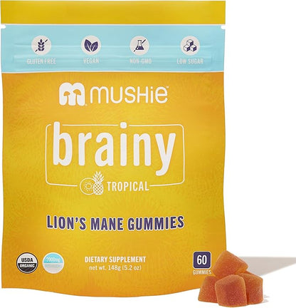 Mushie 100% Organic Lion’s Mane Mushroom Gummies for Adults & Kids Focus - 2000mg Lions Mane Nootropic for Brain, Cognitive, Memory & Immune Support - Vegan, Gluten-Free - 60 Count