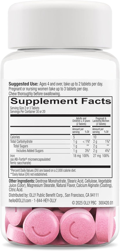 OLLY Delightful Iron Chewable Tablet, Iron Supplement from AB Fortis, Fruit Punch Flavor, 30 or 20 Day Supply - 60 Count