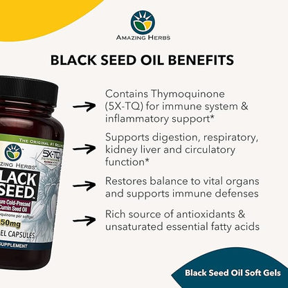 Amazing Herbs Premium Black Seed Oil Capsules - High Potency, Cold Pressed Nigella Sativa Aids in Digestive Health, Immune Support & Brain Function - 60 Count, 1250mg (Pack of 2)