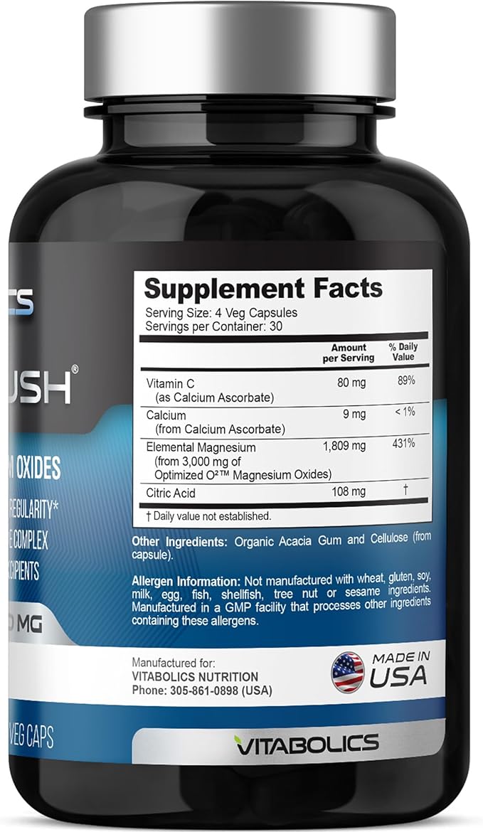 Mag Flush Magnesium Oxide Capsules 750mg 120 Vcaps - Oxygenated Magnesium Oxide Supplement for Constipation Relief, Colon Cleanse, Laxative and Digestion Support for Women and Men