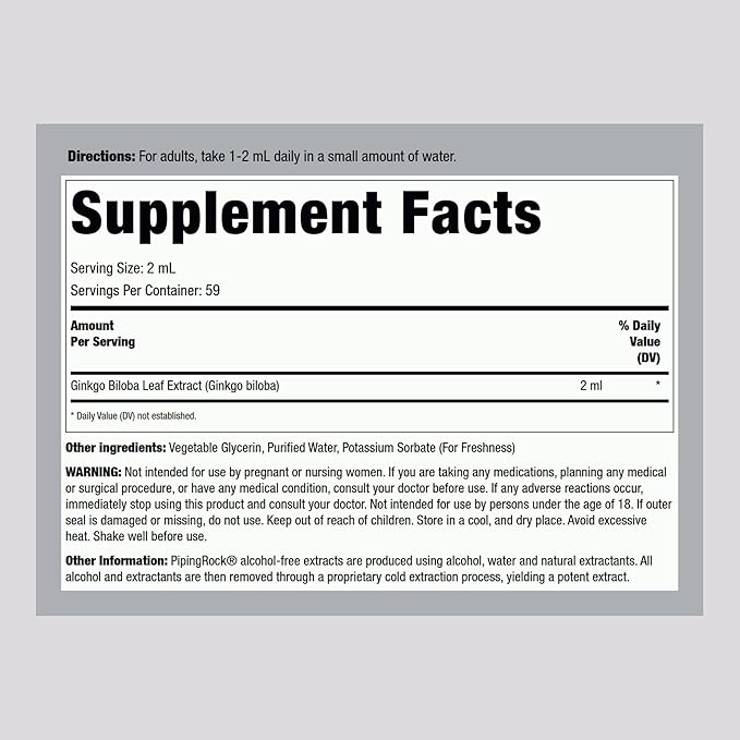 Piping Rock Ginkgo Biloba Supplements | 4 fl oz Tincture | Premium Liquid Herbal Extract | Certified Botanical | Non GMO, Gluten Free